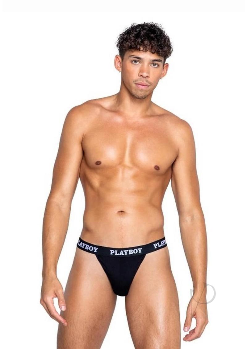 Playboy Mens Modal Gym Thong Medium Black and White worn by a model showcasing sporty style and comfort.