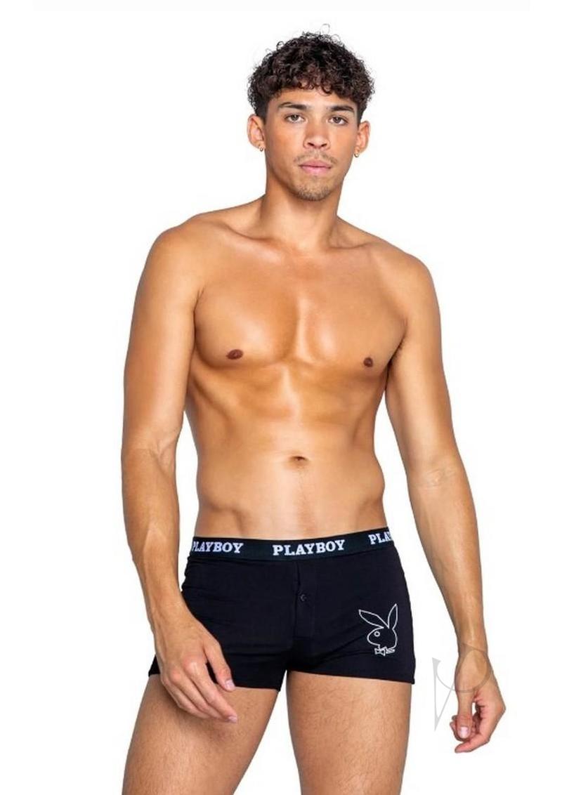 Playboy Mens Tuxedo Boxer Brief XLarge Black/White model showcasing classic style and comfort.