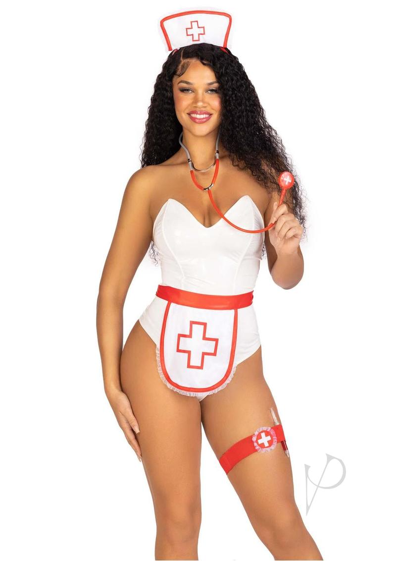 Leg Avenue 5 Piece Nurse Costume One Size White and Red worn by model, showcasing white and red nurse attire.