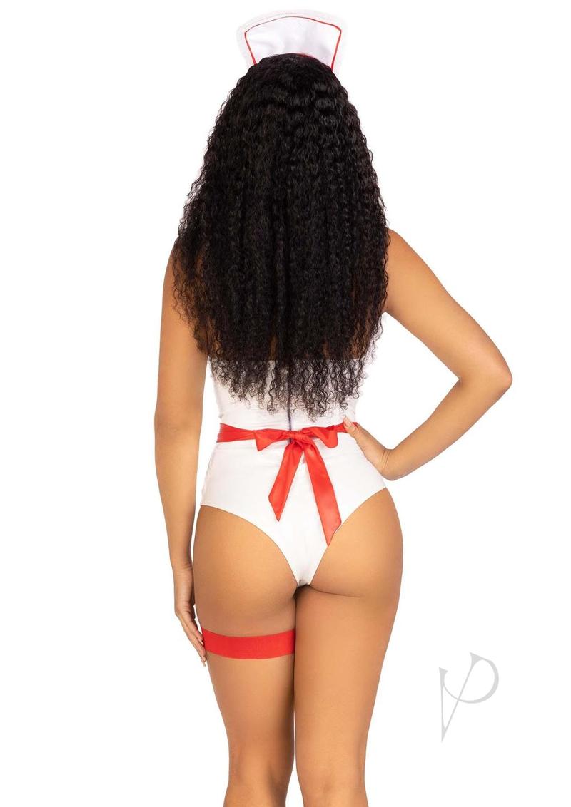 Leg Avenue 5 Piece Nurse Costume One Size White and Red shown from the back, featuring a stylish nurse outfit with red accents.
