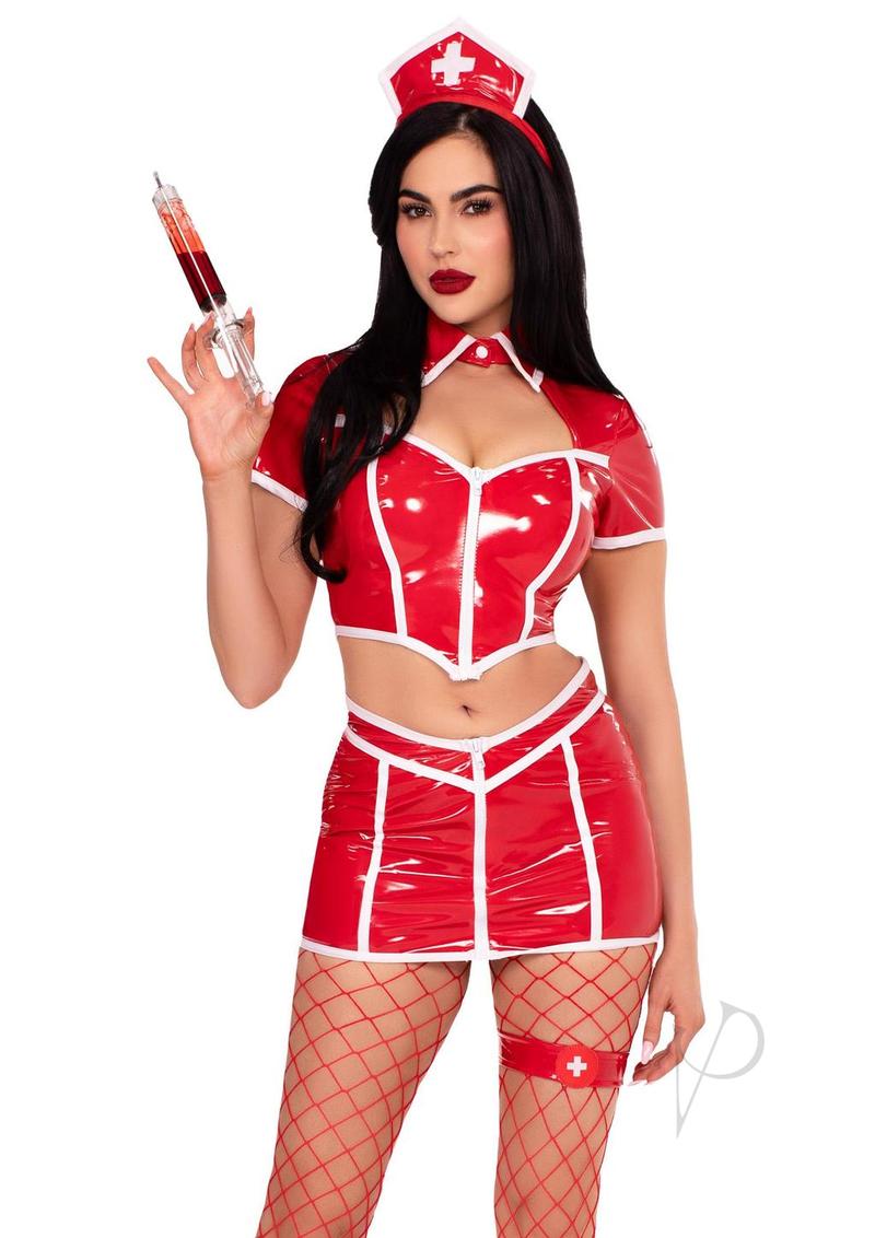 Leg Avenue Red Alert 4 Piece Nurse Costume Red Medium featuring a model in a bold nurse outfit and holding a syringe.