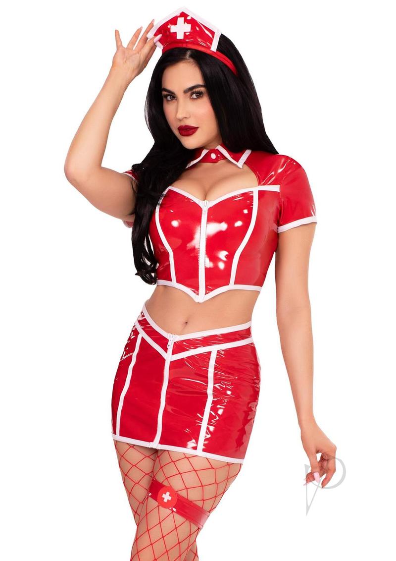 Leg Avenue Red Alert Nurse Costume 4 Piece Red Large model showcasing the bold nurse outfit in red color.