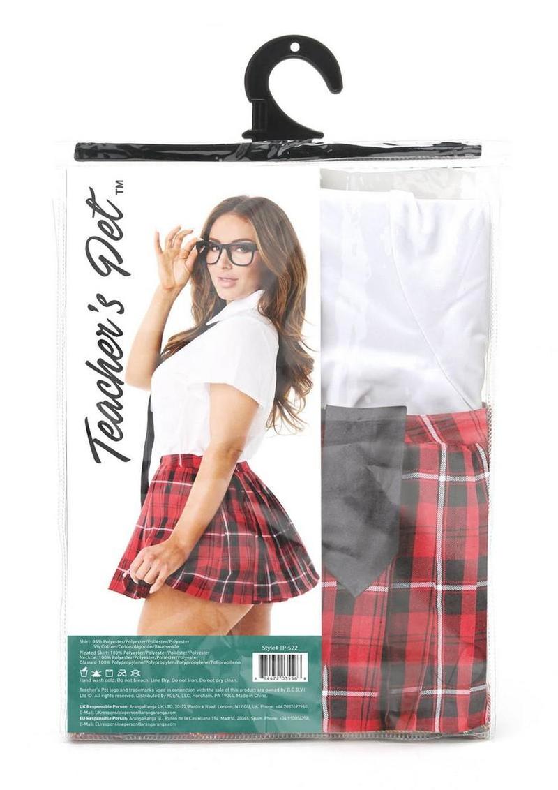Teacher's Pet Private School Sweetheart 4 Piece Costume packaged with model wearing costume.