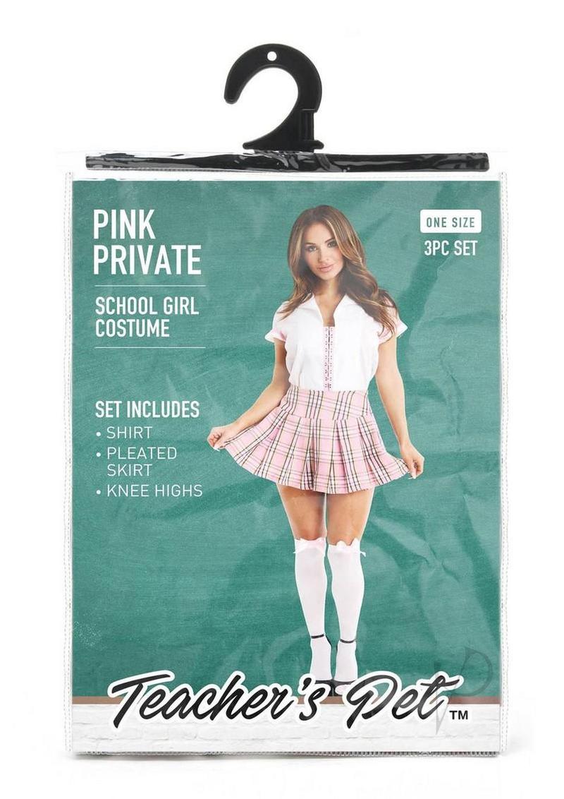 Teacher's Pet Private Schoolgirl 3 Piece Costume Pink White packaging with model wearing costume set.