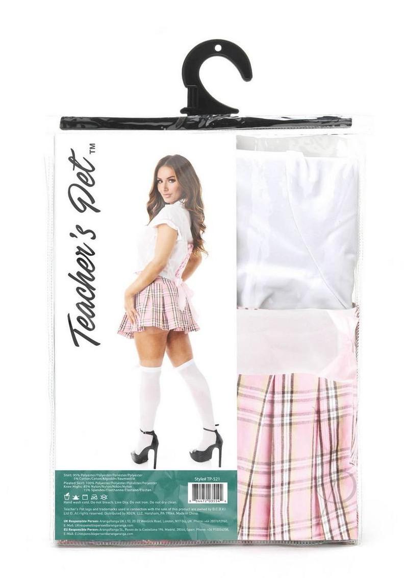 Teacher's Pet Private Schoolgirl 3 Piece Costume Pink White in packaging featuring a model wearing the costume.