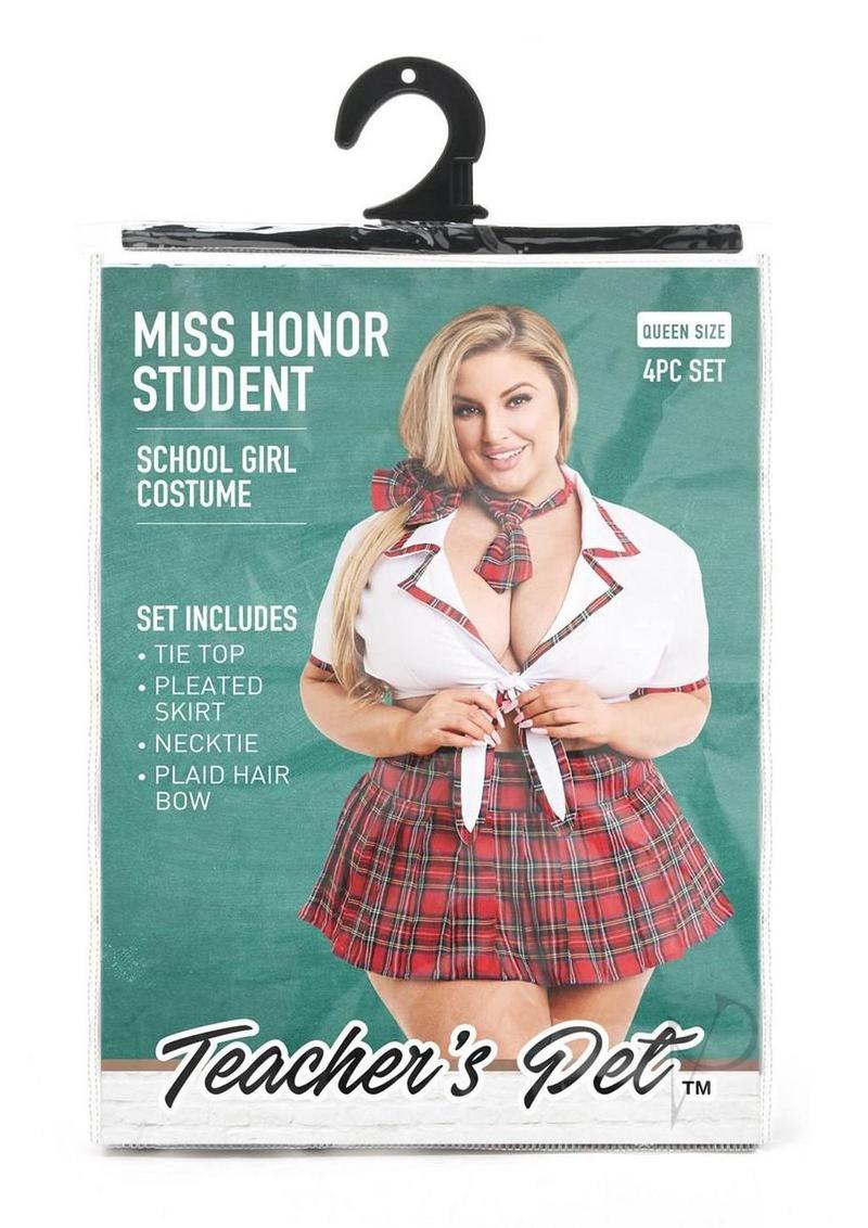 Teacher's Pet Ms Honor Student Schoolgirl Costume Queen 4-piece set includes tie, skirt, necktie, and hair bow.