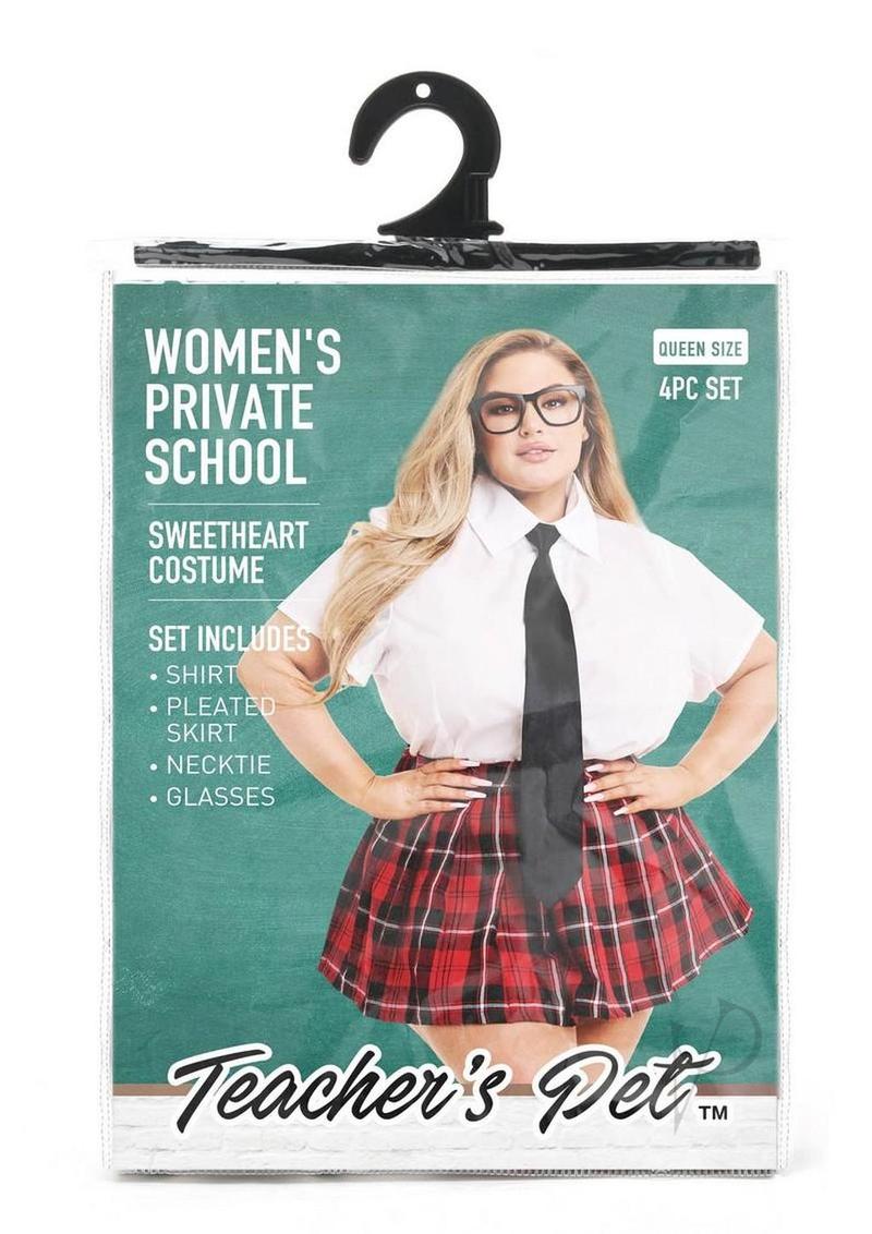 Teacher's Pet Private School Sweetheart Costume Queen Red packaging showcasing a flirty schoolgirl outfit.