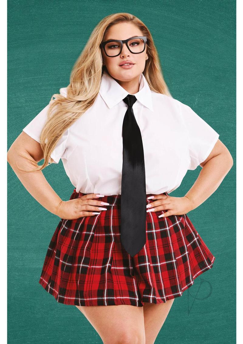 Teacher's Pet Private School Sweetheart Costume Queen Red model in flirty schoolgirl outfit with plaid skirt.