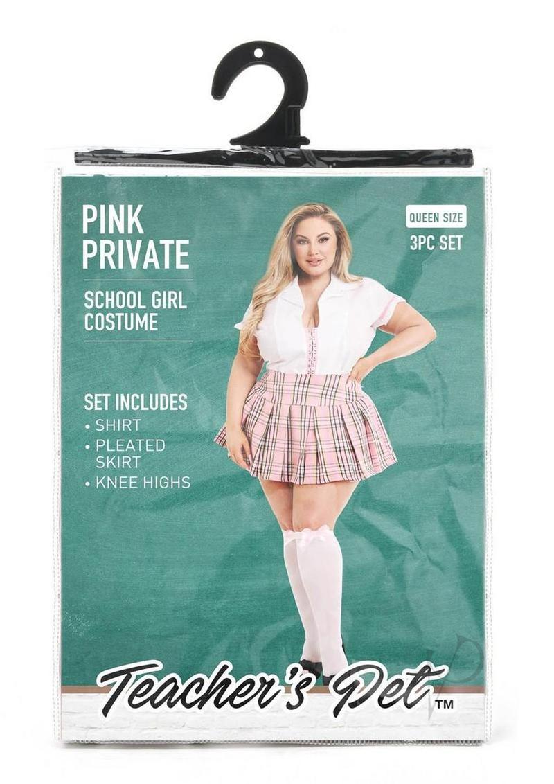 Teacher's Pet Private Schoolgirl Costume Queen Pink White packaging showcasing a queen size 3pc costume set.