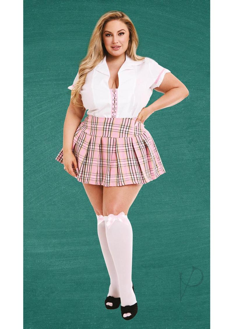Teacher's Pet Private Schoolgirl Costume Queen Pink White model wearing pink plaid skirt and white blouse