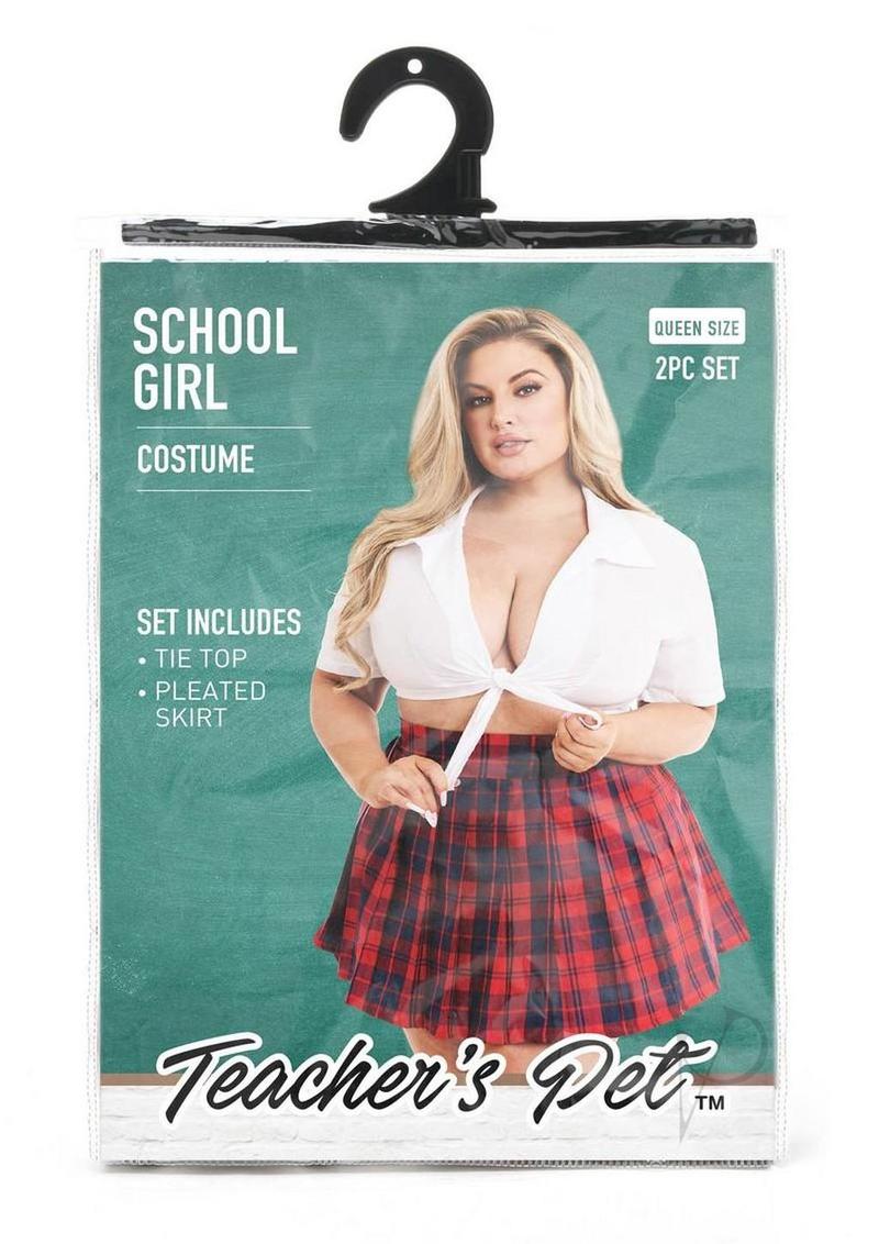 Teacher's Pet Schoolgirl Costume 2 Piece Queen Red White packaging showing flirty schoolgirl outfit.