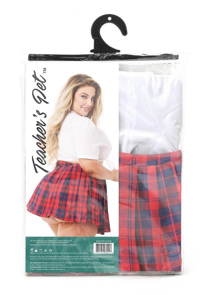 Teacher's Pet Schoolgirl Costume 2 Piece Queen Red White packaging showcasing the cute plaid skirt and top.