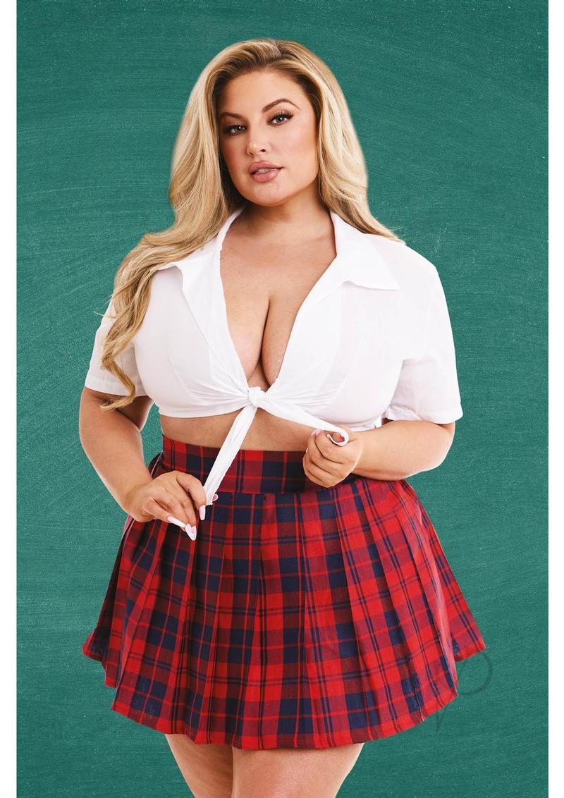 Teacher's Pet Schoolgirl Costume 2 Piece Queen Red White modeled by a confident plus-size woman.