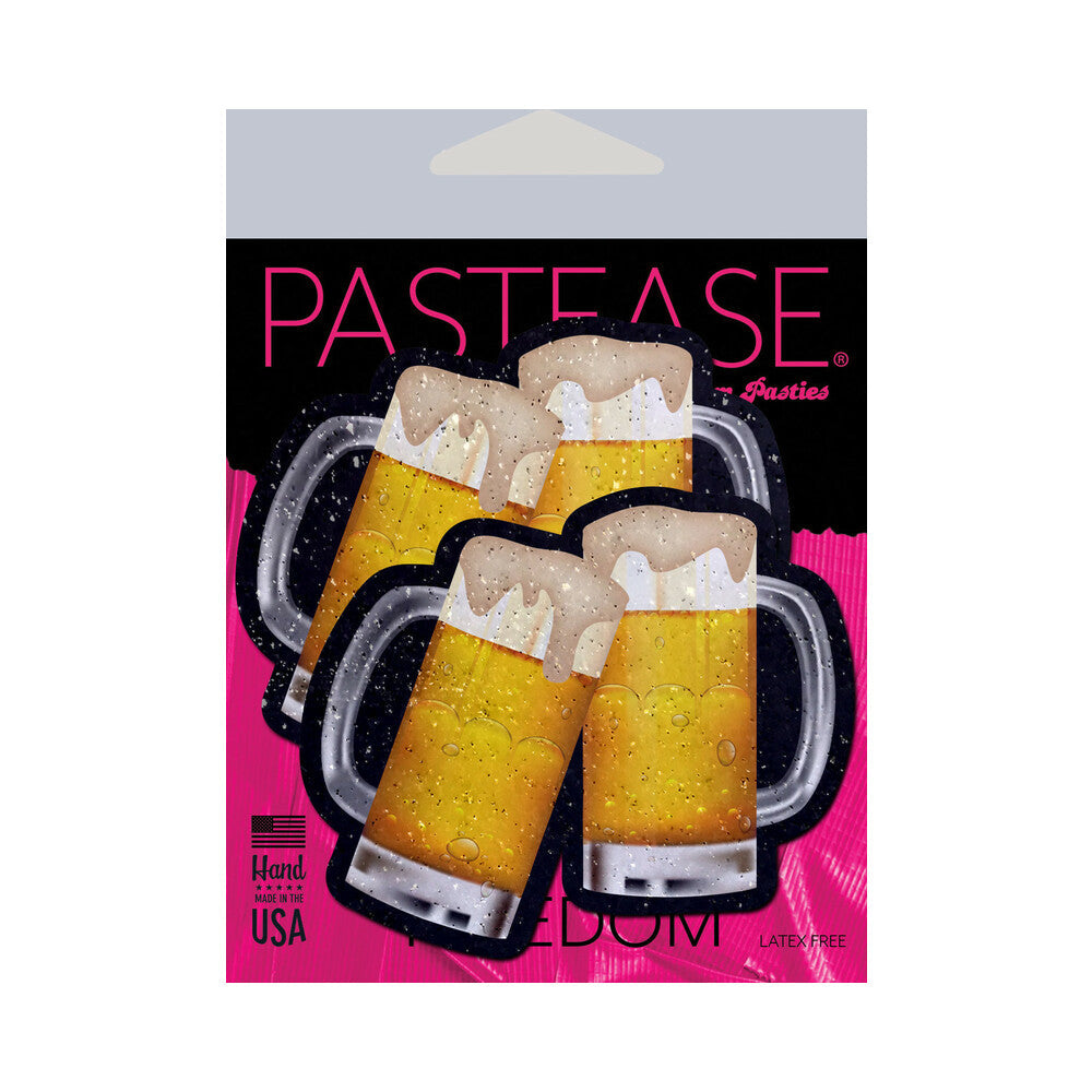 Pastease Clinking Beer Mug Nipple Pasties packaging featuring cheerful beer mug designs on a pink background.