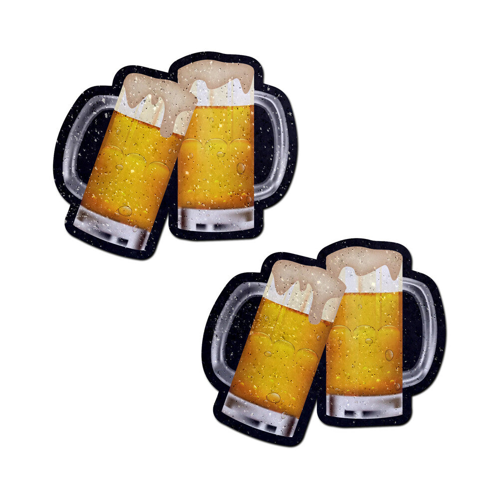 Pastease Clinking Beer Mug Nipple Pasties featuring two cheerful beer mug designs with foam and droplets.