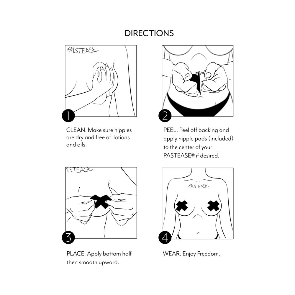 Directions for using Pastease Clinking Beer Mug Nipple Pasties, including cleaning, peeling, placing, and wearing.