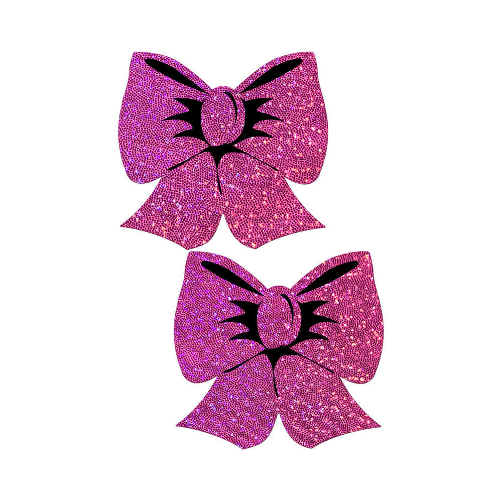 Pastease Hot Pink Glitter Bow Nipple Pasties in a playful bow shape with shimmering glitter finish.