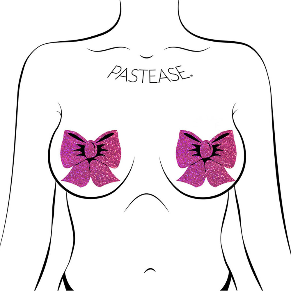 Pastease Hot Pink Glitter Bow Nipple Pasties on a model showcasing playful, sparkling design for confident coverage.