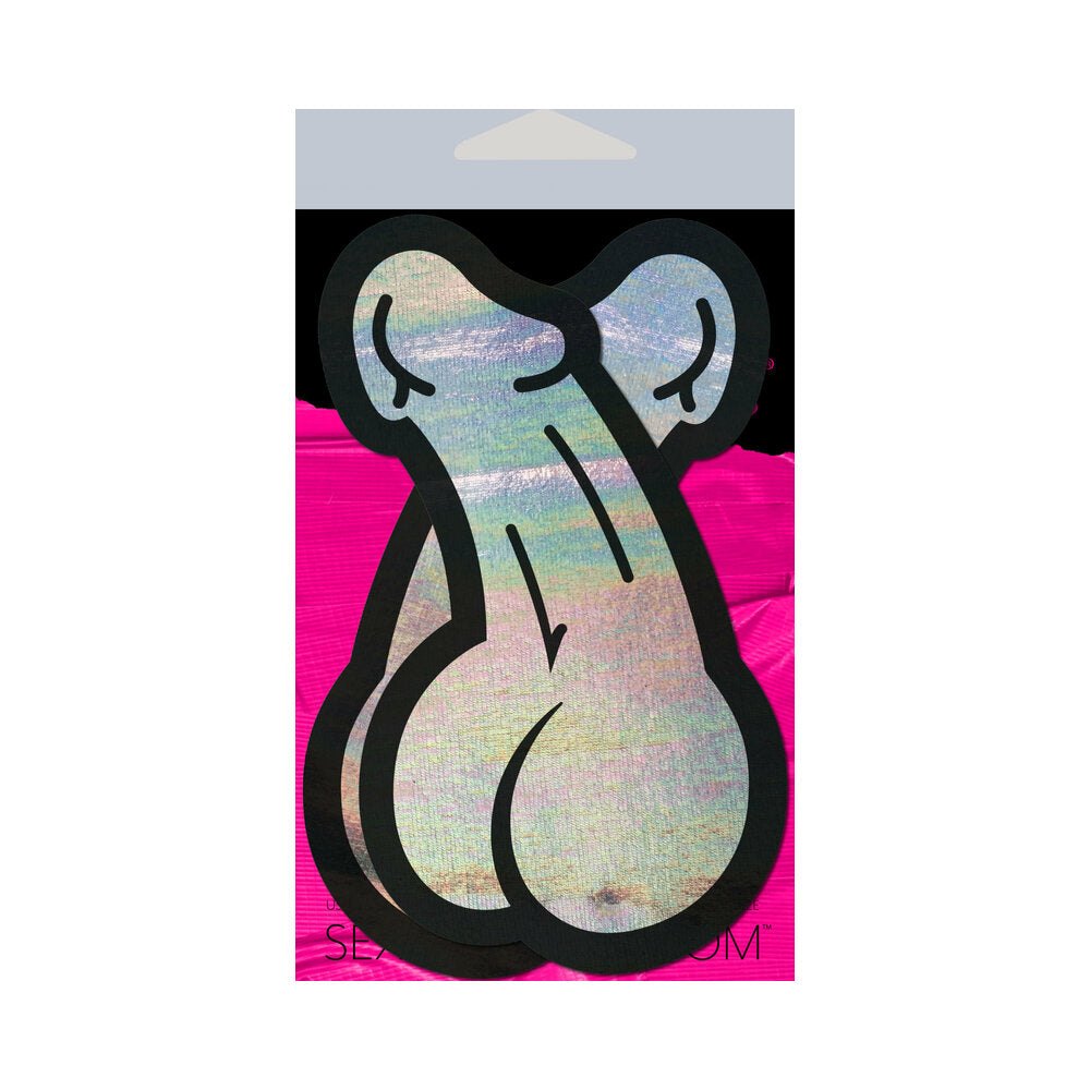 Pastease Penis Holographic Silver Dick Nipple Pasties packaging featuring playful design and shiny holographic finish.