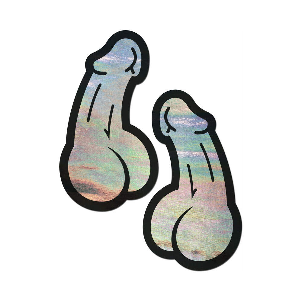 Pastease Penis Holographic Silver Dick Nipple Pasties in a playful phallic design with holographic shine.