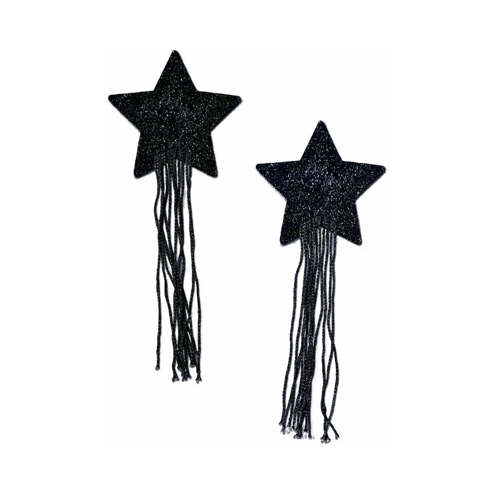 Pastease Sparkle Star Long Fringe Tassel Pasties Black with black fringe tassels and glittery star design.