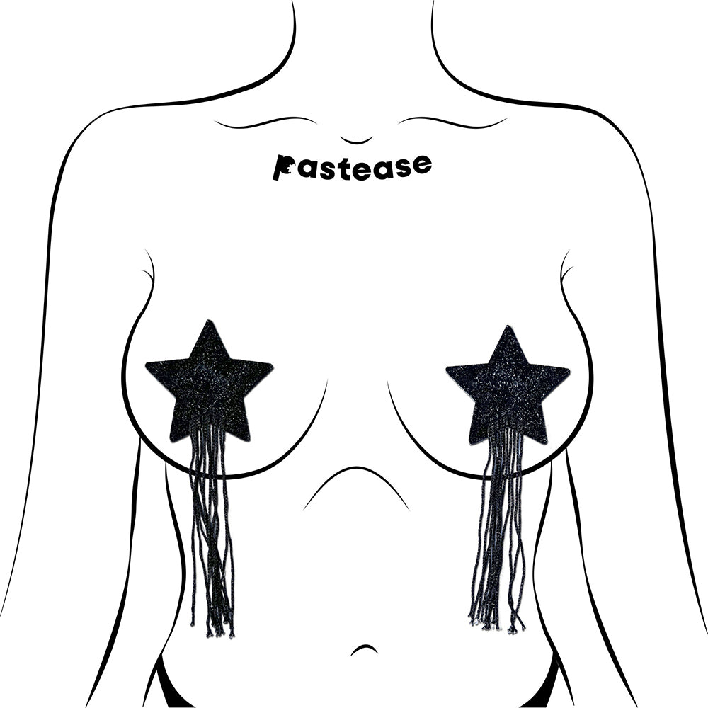 Pastease Sparkle Star Long Fringe Tassel Pasties Black showcased on a model, featuring glittery star shape and long black tassels.