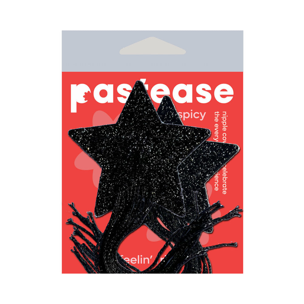 Pastease Sparkle Star Long Fringe Tassel Pasties Black pack featuring black glittery star-shaped pasties.