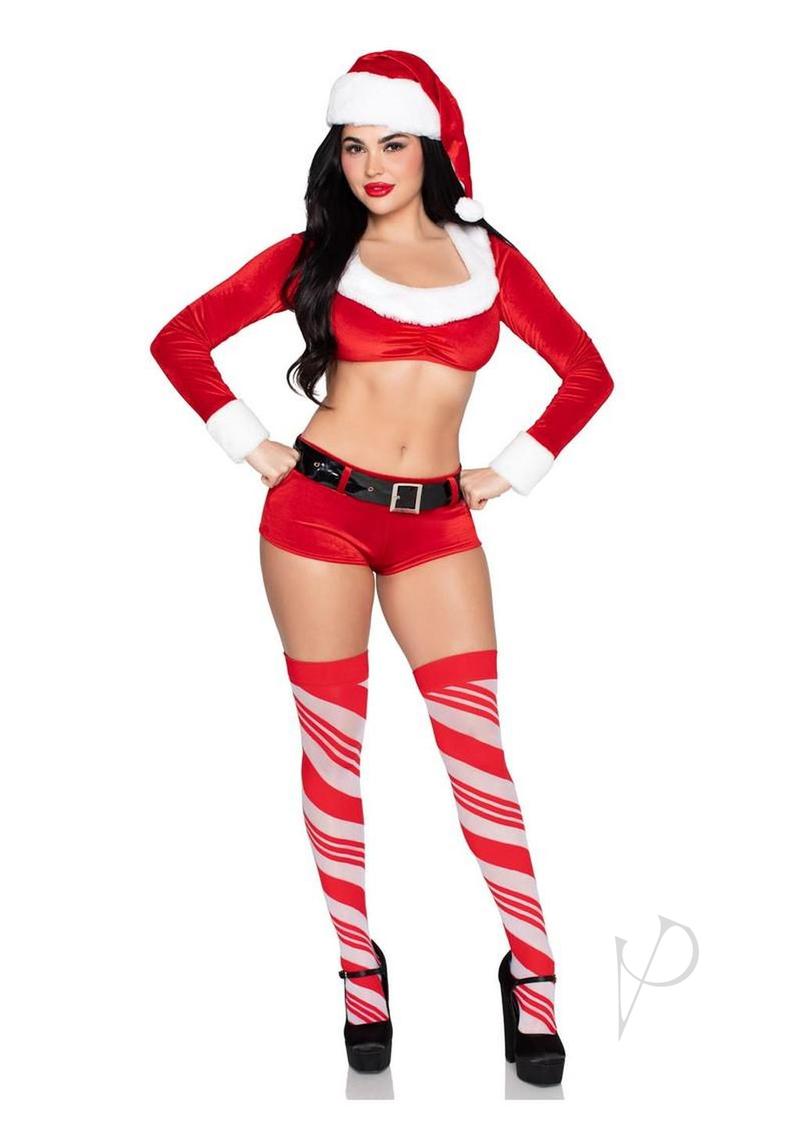 Leg Avenue Christmas Cutie Costume Red White Extra Small model wearing festive outfit with Santa hat and thigh-high stockings