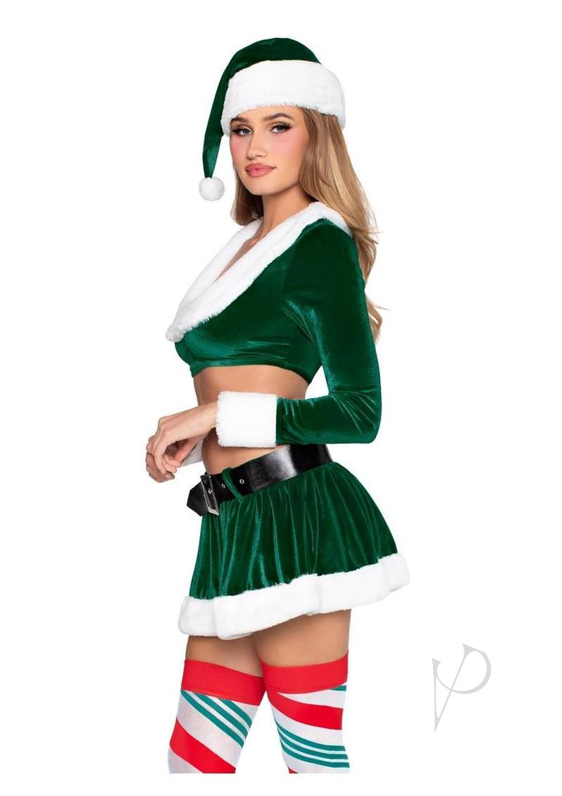 Leg Avenue HoHo Hottie 4 Piece Santa Costume Green White XS model wearing festive outfit with Santa hat.