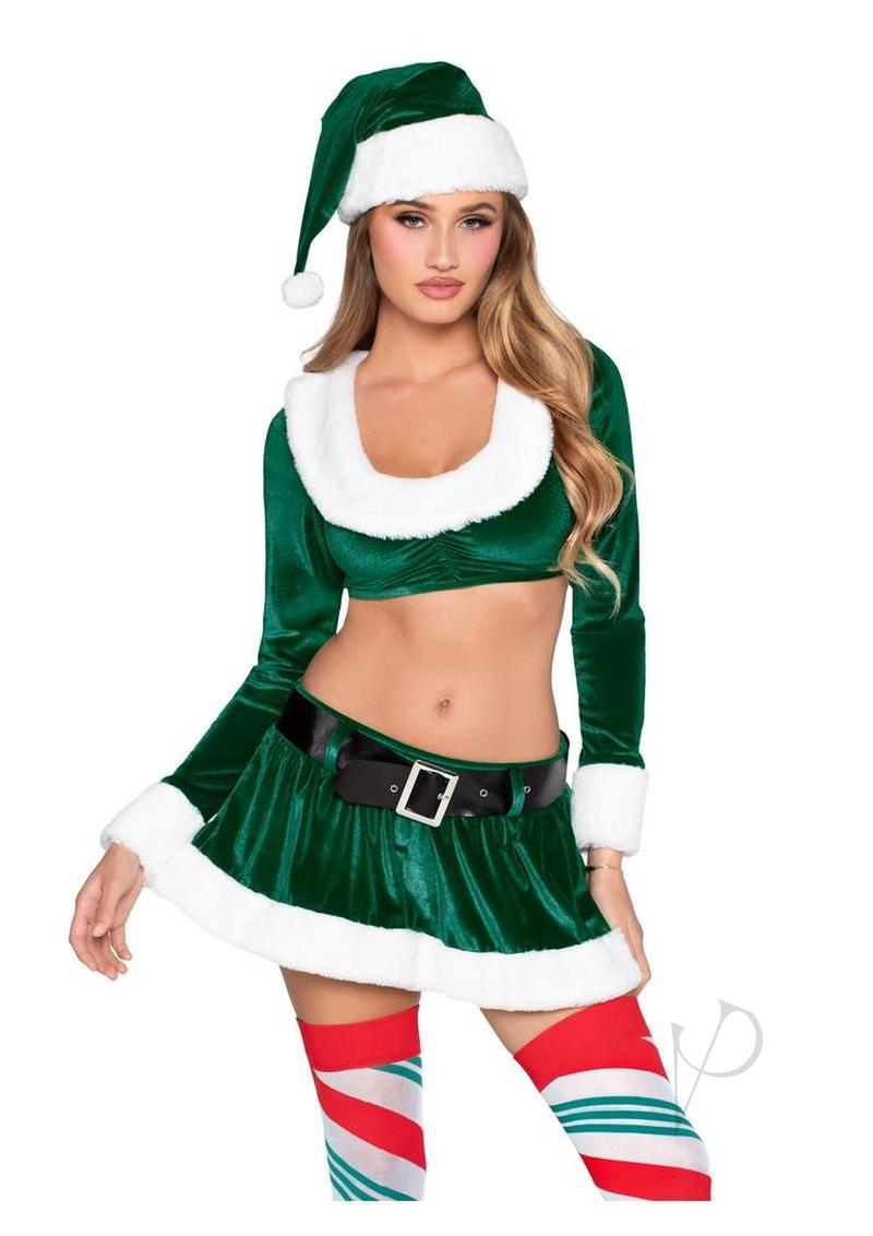 Leg Avenue HoHo Hottie Santa Costume Green White Large model wearing festive outfit with hat and candy-striped stockings.
