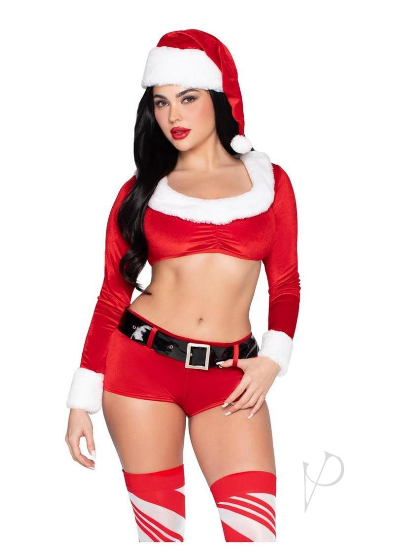 Leg Avenue Christmas Cutie 4 Piece Costume Red White Small model wearing festive outfit with Santa hat and faux fur trim.