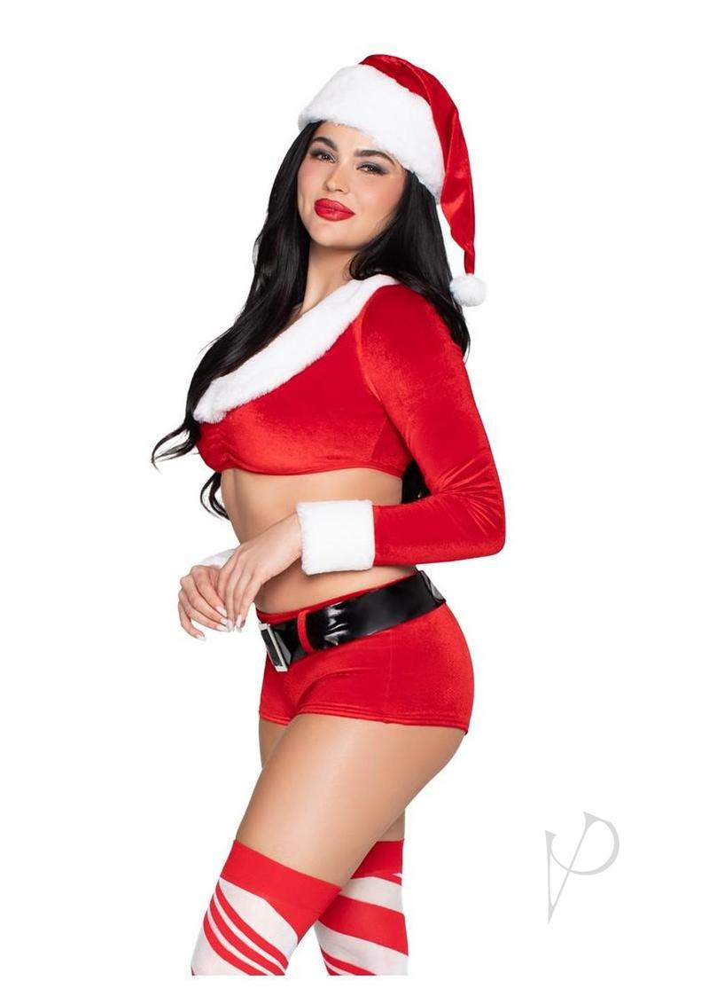 Leg Avenue Christmas Cutie 4 Piece Costume Red White Small model wearing festive outfit with Santa hat and striped stockings.