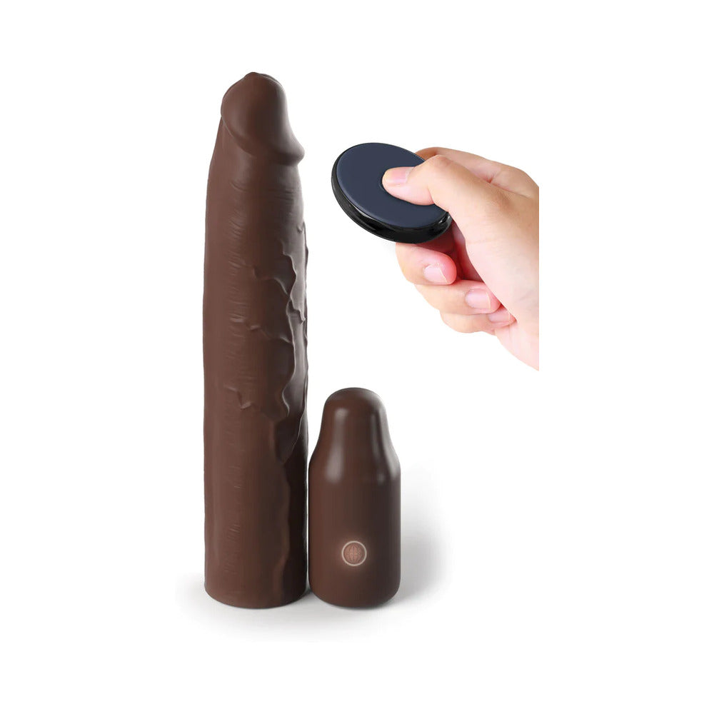 Fantasy X-tensions Elite 9 inch Mega Penis Sleeve 3 inch Vibrating Brown with remote control.