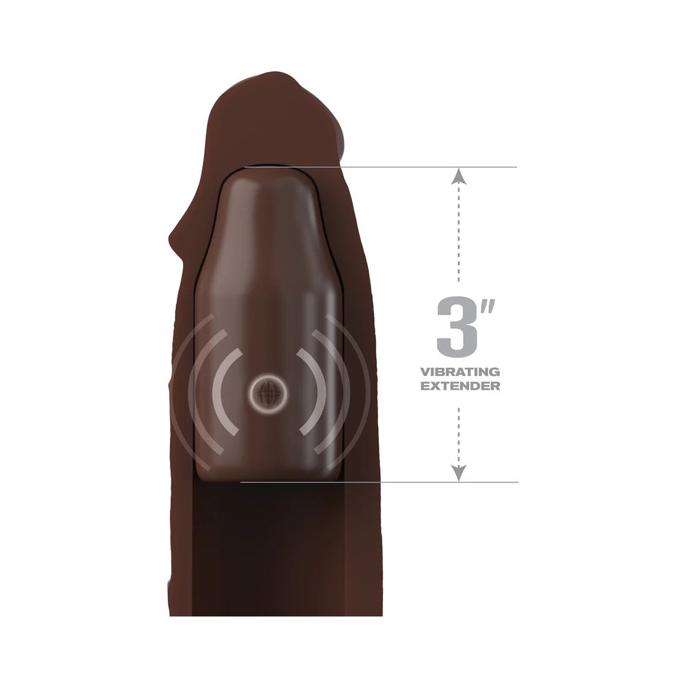 Fantasy X-tensions Elite 9 inch Mega Penis Sleeve 3 inch Vibrating Brown with removable vibrating extender.