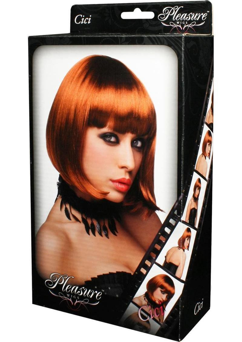 Pleasure Wigs Collection Cici Wig Red packaging showcasing a vibrant red bob wig worn by a model.