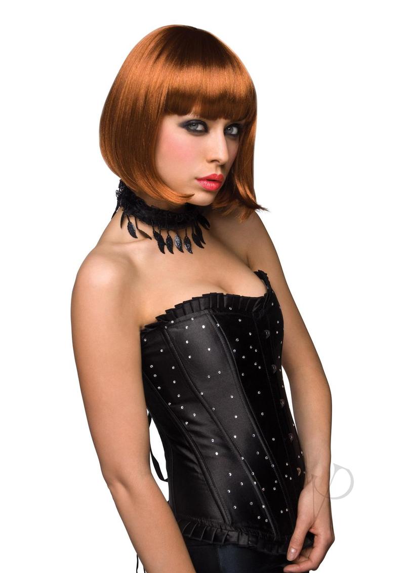 Pleasure Wigs Collection Cici Wig Red worn by model in a black corset, featuring striking vivid red bob hairstyle.