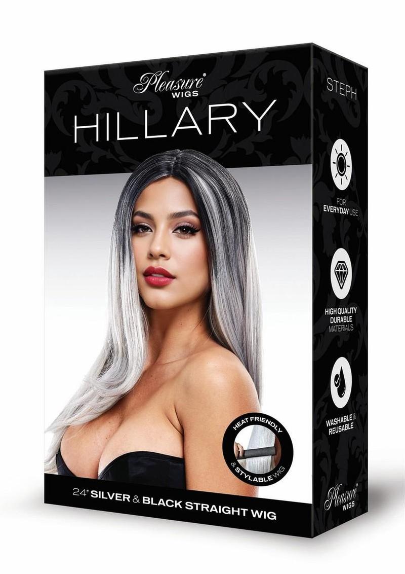 Pleasure Wigs Collection Hillary Wig Grey packaging showcasing a model with a stylish grey wig, designed for versatile use.