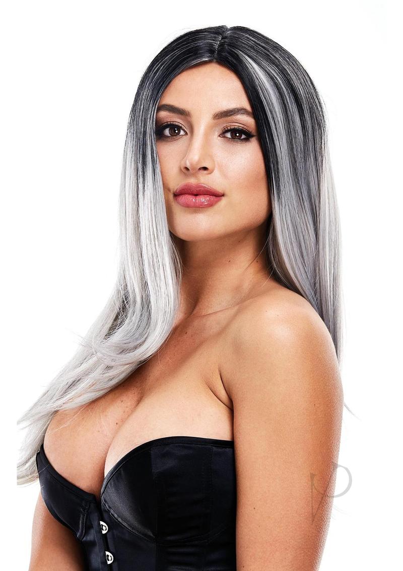 Pleasure Wigs Collection Hillary Wig Grey modeled by a woman with long modern grey hair in a corset top.