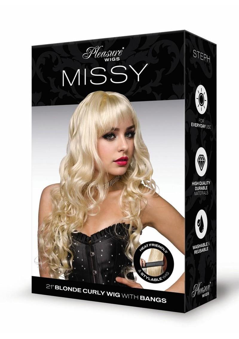 Pleasure Wigs Collection Missy Wig Blonde packaging featuring a model with blonde curly hair and bangs.
