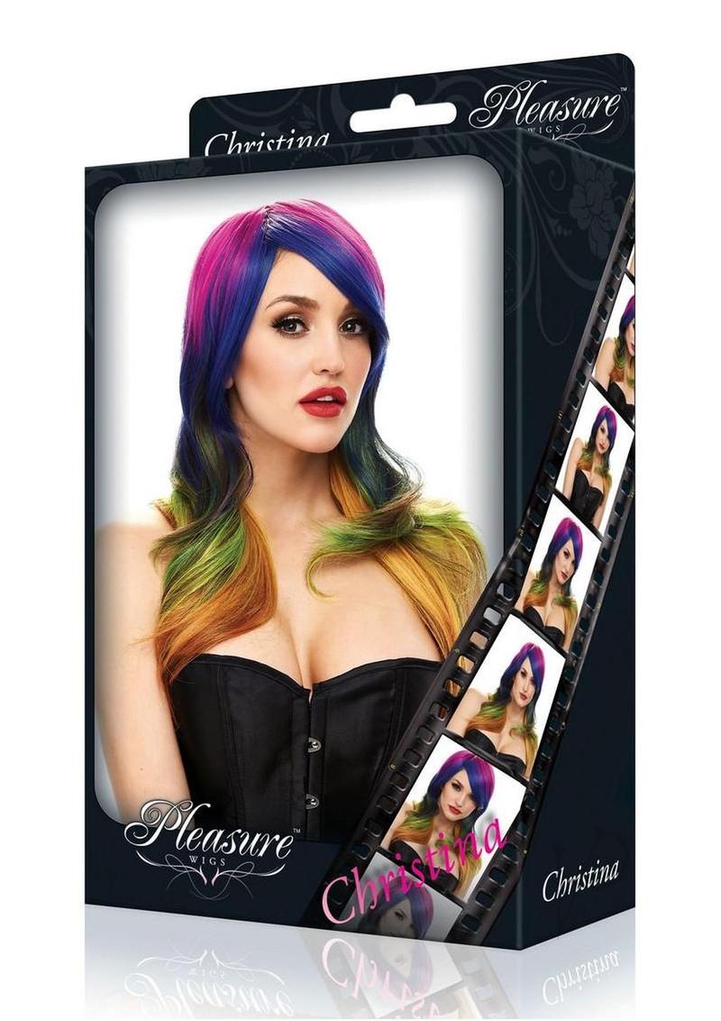 Pleasure Wigs Collection Christina Wig Rainbow showcasing vibrant multicolor wig packaging.