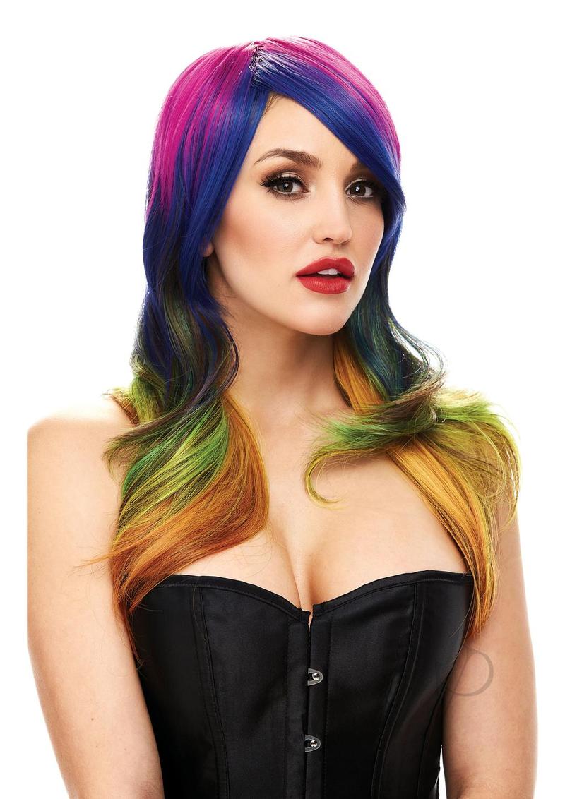Pleasure Wigs Collection Christina Wig Rainbow model showcasing colorful hairstyle with bold rainbow hues.