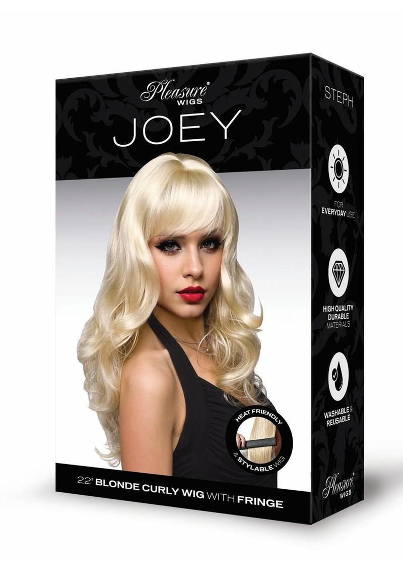 Pleasure Wigs Collection Joey Wig Blonde 22" curly wig with fringe in stylish packaging for easy use.