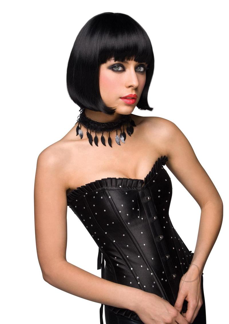 Pleasure Wigs Collection Cici Wig Black displayed on model with black corset and bob haircut.