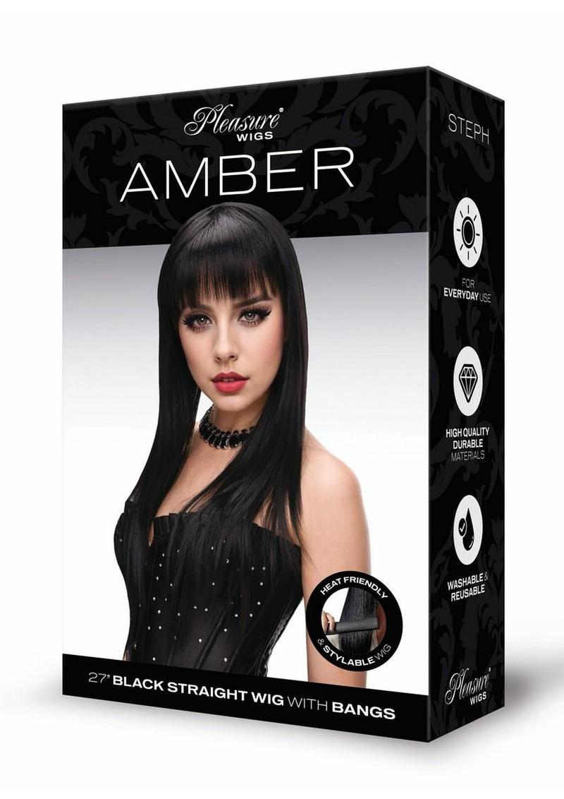 Pleasure Wigs Collection Amber Wig Black packaging featuring a model with a sleek 27" black straight wig and bangs.