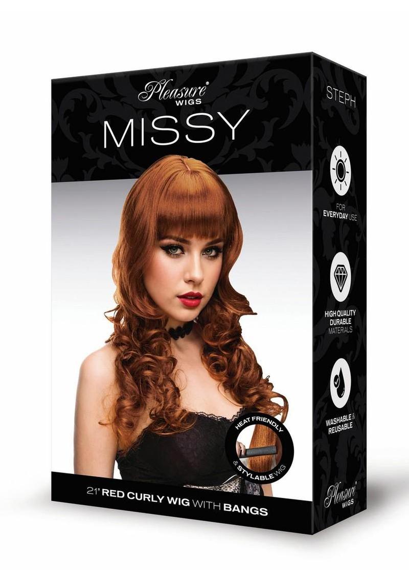 Pleasure Wigs Collection Missy Wig Red 21" red curly wig with bangs, perfect for stylish makeovers.