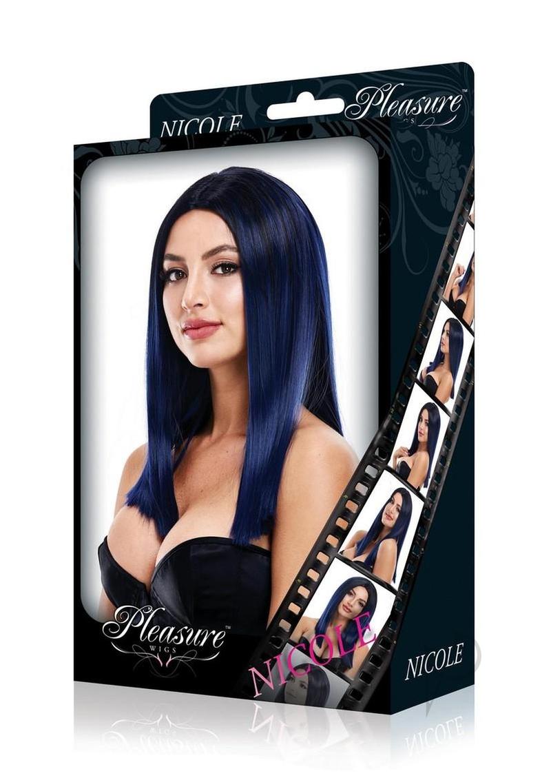Pleasure Wigs Collection Nicole Wig Purple in packaging showcasing bold purple hair style.