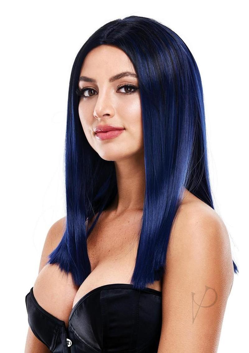 Pleasure Wigs Collection Nicole Wig Purple modeled by a woman with straight, shiny purple hair.