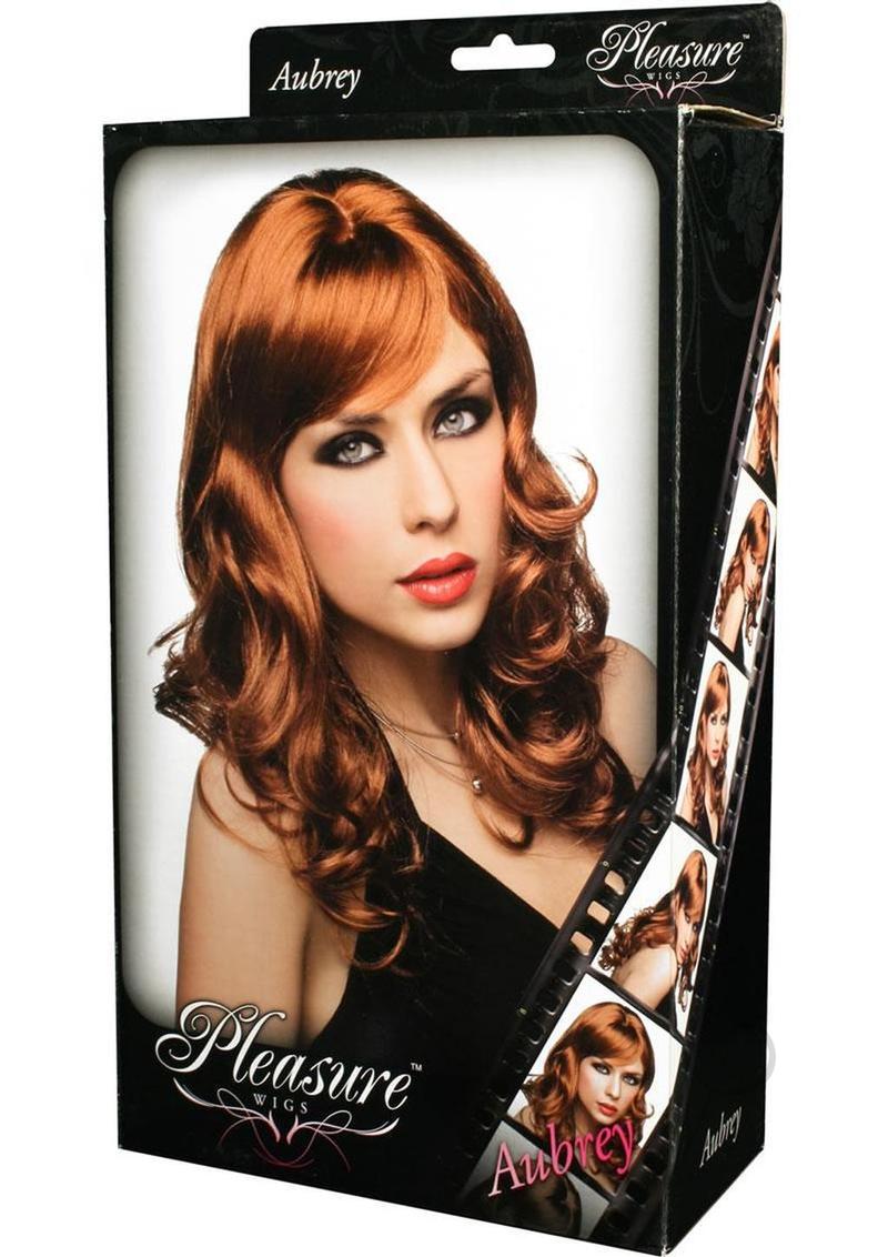 Pleasure Wigs Collection Aubrey Wig Red packaging featuring a model with vibrant red curls.