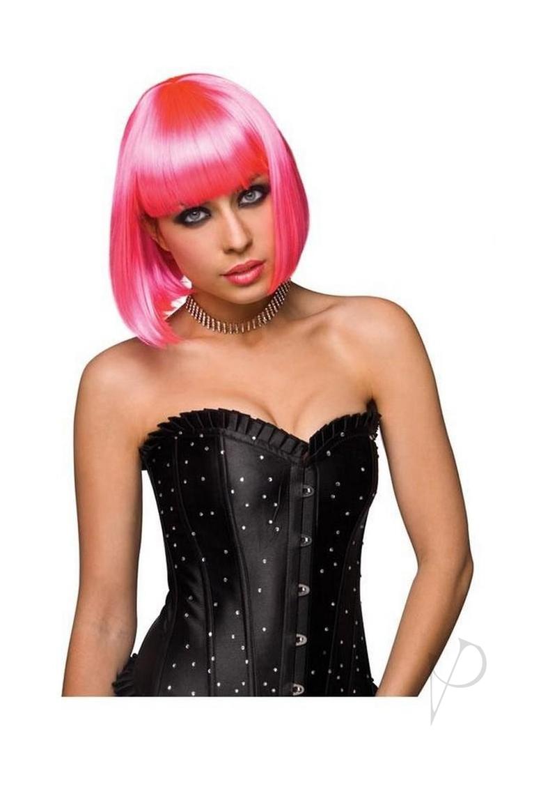 Pleasure Wigs Collection Cici Wig Hot Pink on a model with a stylish black corset, creating a bold look.