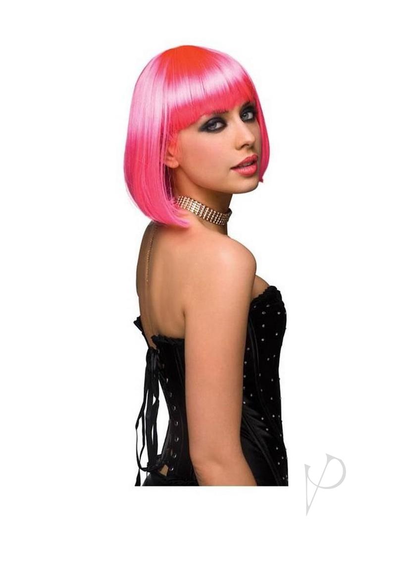 Pleasure Wigs Collection Cici Wig Hot Pink worn by a model with a stylish bob hairstyle and a black corset.